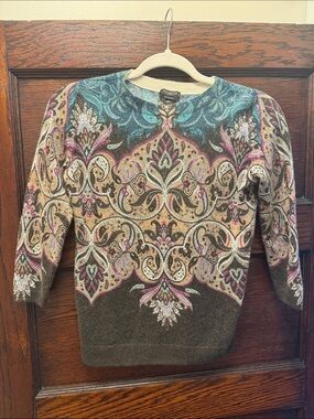 Talbots Multicolor Paisley Crewneck Sweater - Cashmere, Teal, Pink & Brown